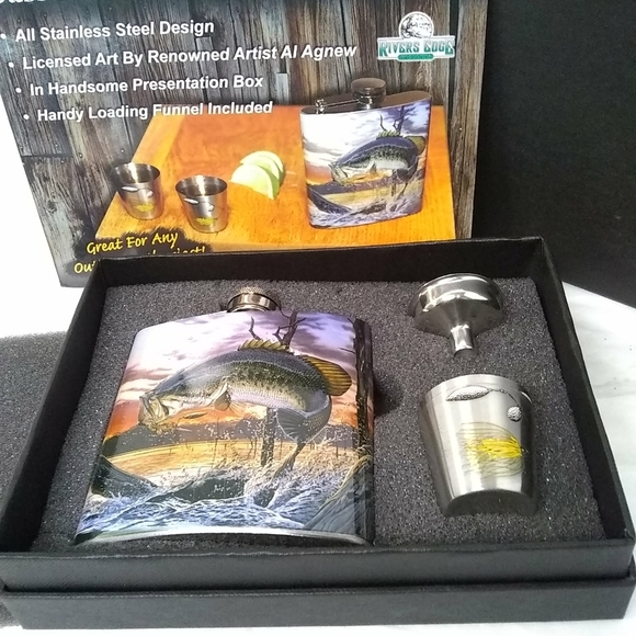 RIVERS Edge Products Bass Flask Shot Glass Stainless Steel Gift Pack NEW! - Picture 3 of 8